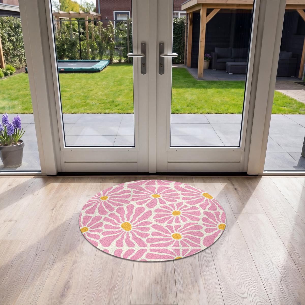 FUSSMATTE Blumen - Muster - Rosa - Beige - Orange Sauberlaufmatte 90x90 cm - Rosa, Kunststoff (90/0.4cm) - MuchoWow