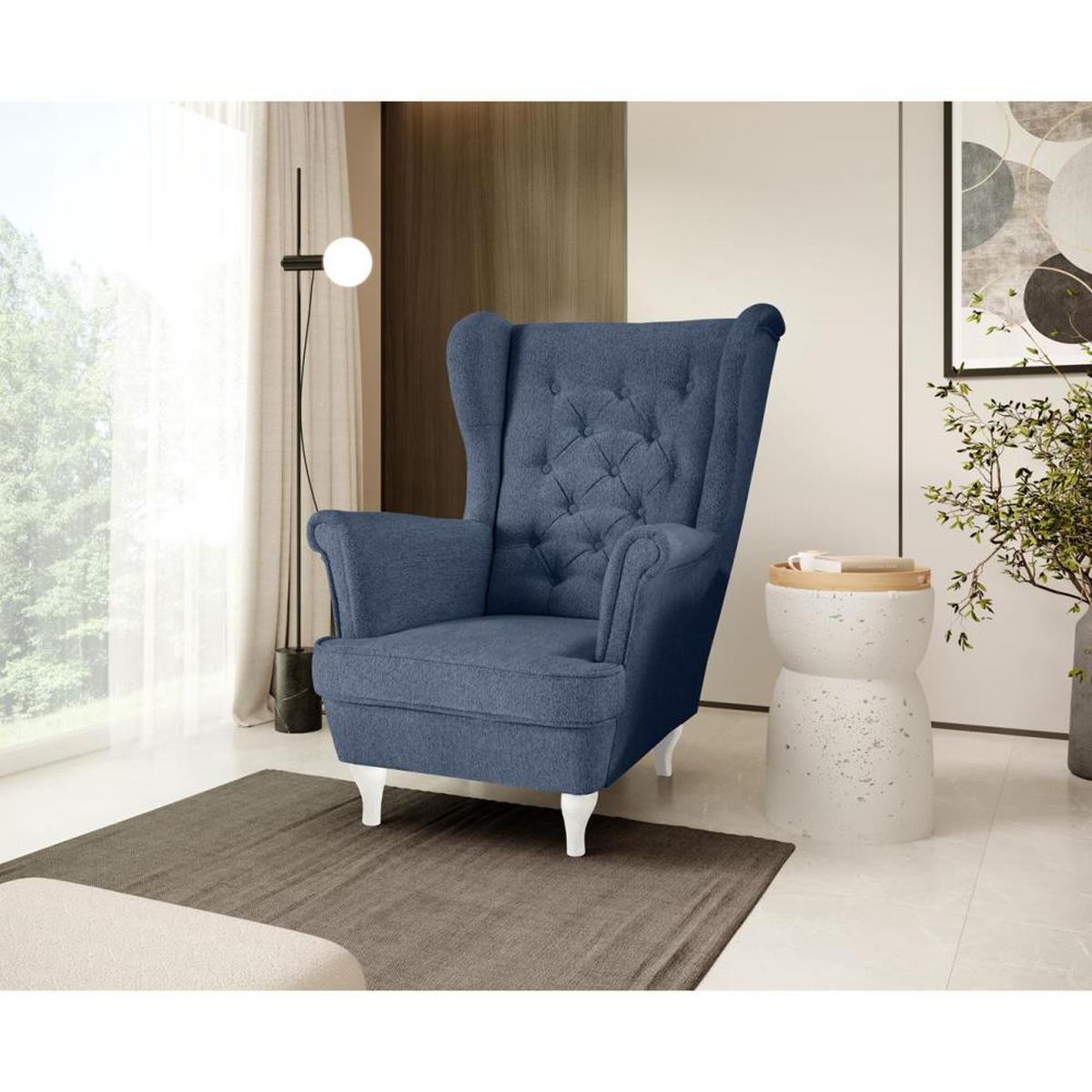 CHESTERFIELD-SESSEL Falco dunkelblau mit Weiß Holzbeinen - Dunkelblau/Weiß, Holz/Textil (82/102/92cm) - Beautysofa