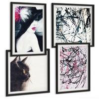 BILDER SET 4er Set - 50x50 cm & 40x60 cm Schwarzer Rahmen - Abstrakte Katzenmalereien - Schwarz, Kunststoff (50/50cm) - TULUP
