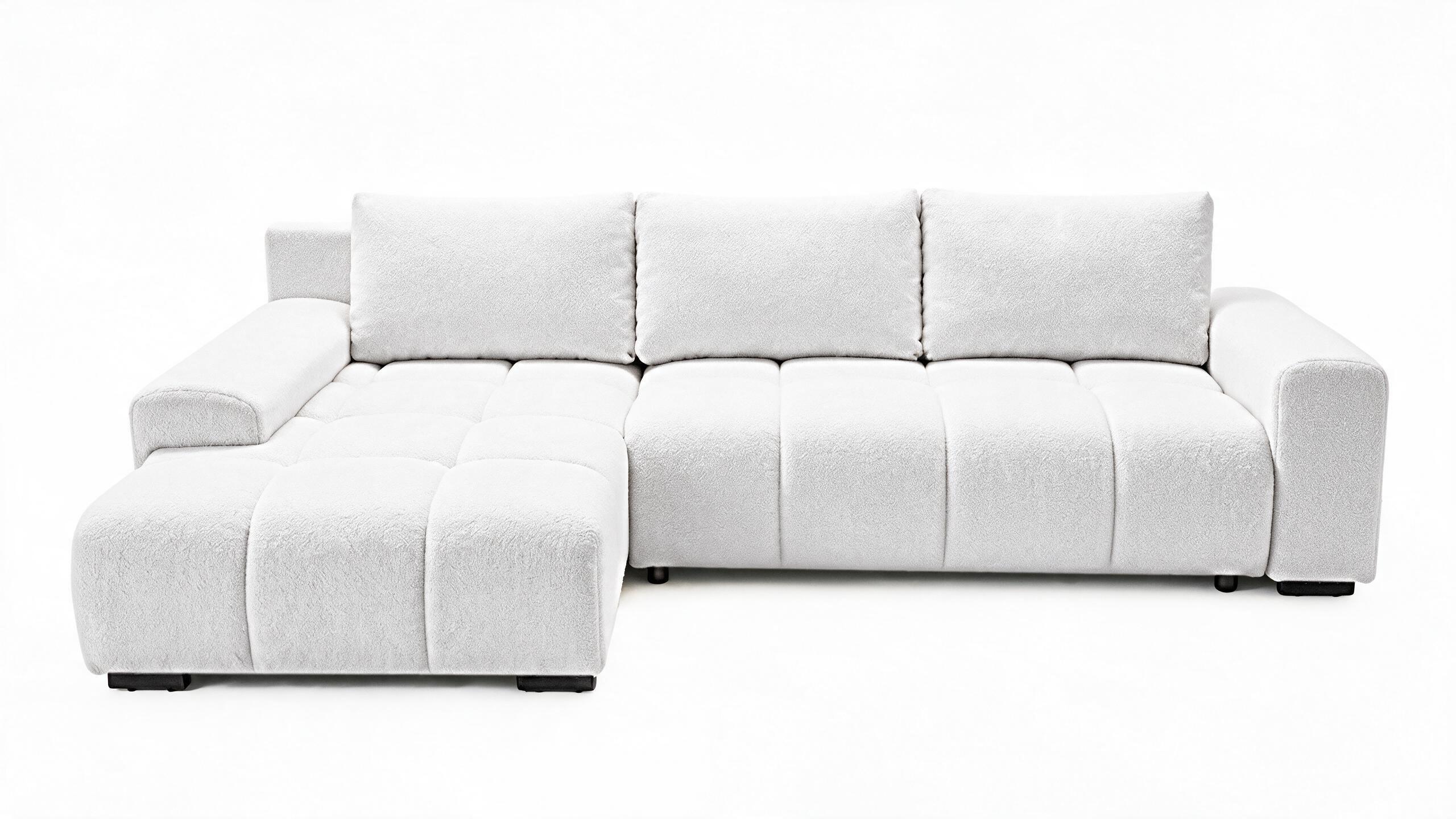 ECKSOFA Ovia mit Bettkasten und Schlaffunktion, Bouclé-Stoff in L-Form - Weiß, Textil (270/185cm)
