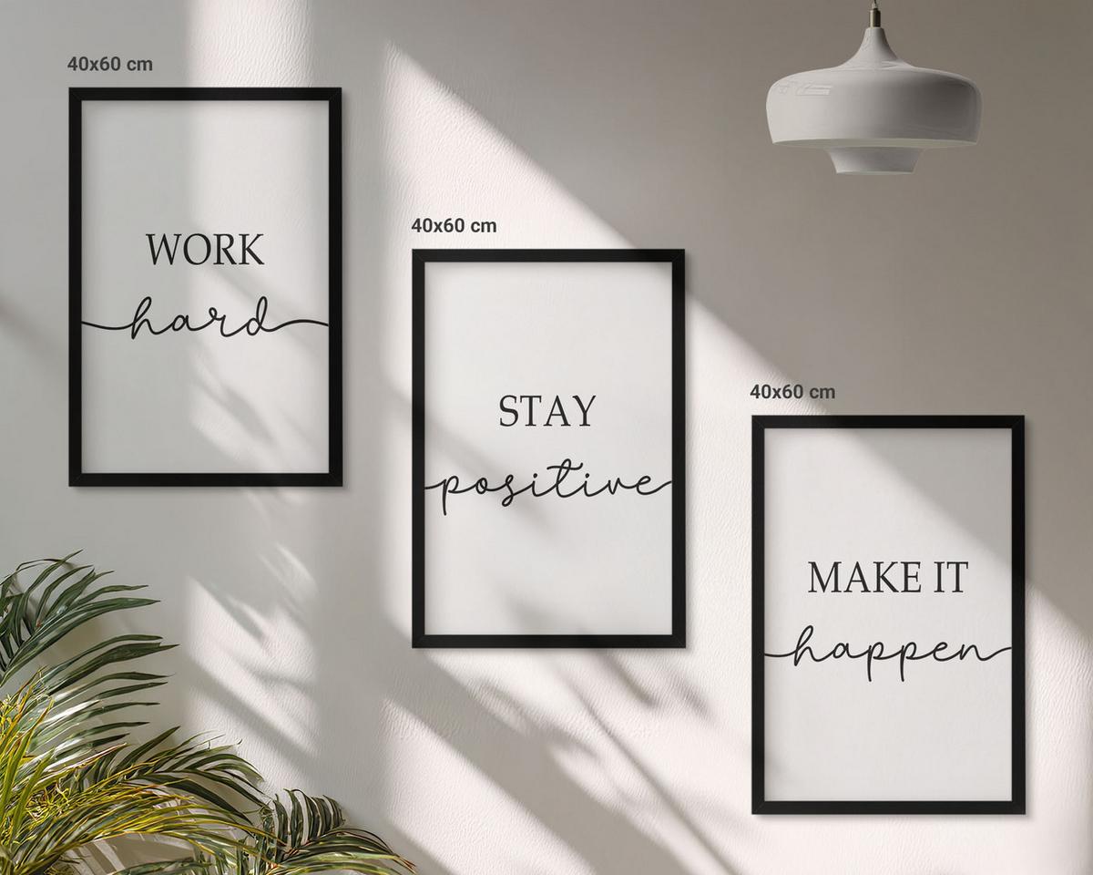 BILDER SET 3er Set - 40x60 cm Schwarzer Rahmen - Minimalistische Motivationsinschriften - Schwarz, Kunststoff (40/60cm) - TULUP