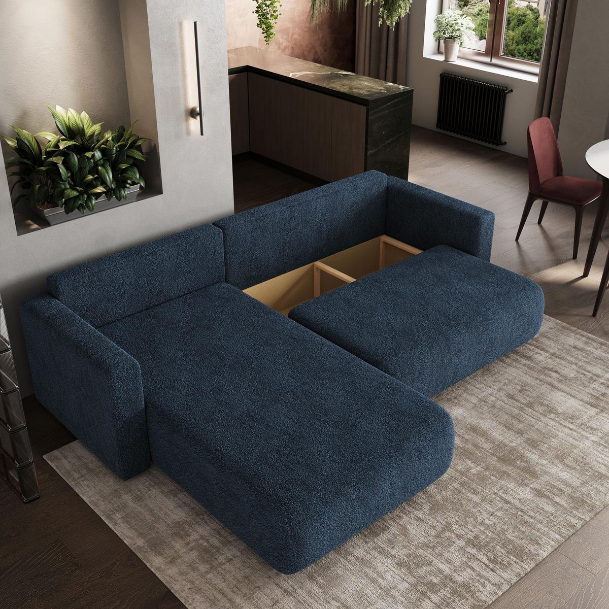 ECKSOFA TURIN N Blau Bucle-Stoff mit Schlaffunktion - Blau/Grau, Holz/Kunststoff (265/183cm) - MASSENO