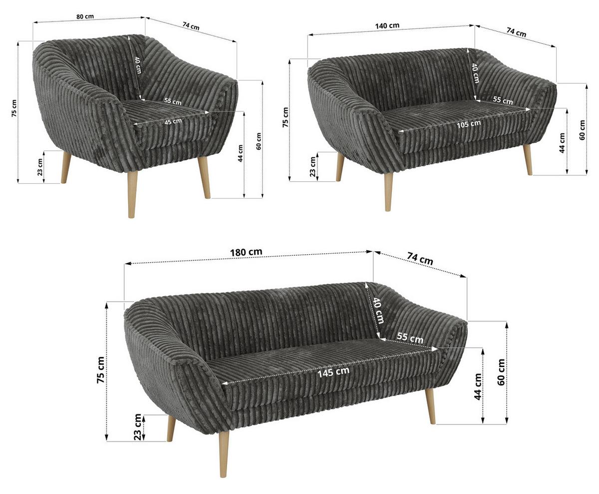 SITZGARNITUR PIRS 3+2+1 - Grau Cord - Holzbeine - Buchefarben/Grau, Holzwerkstoff/Textil (180/75/74cm) - MKS