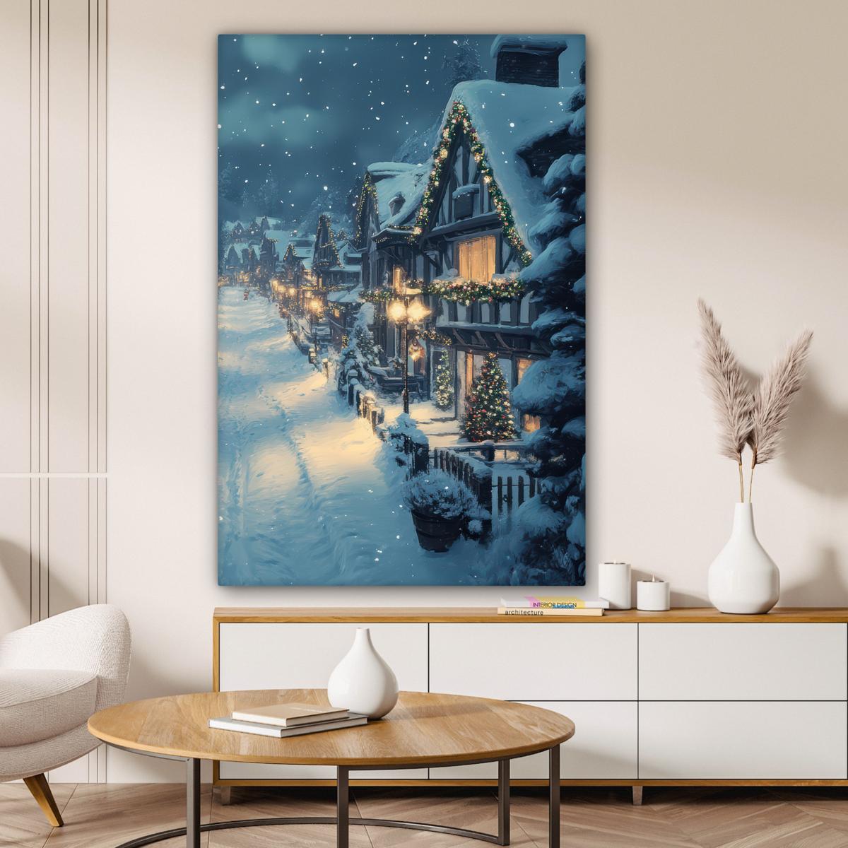 LEINWANDBILD Weihnachtsdorf - Weihnachten - Schnee - Winter Deko Groß 90x140 cm - Dunkelblau, Textil (90/140cm) - MuchoWow