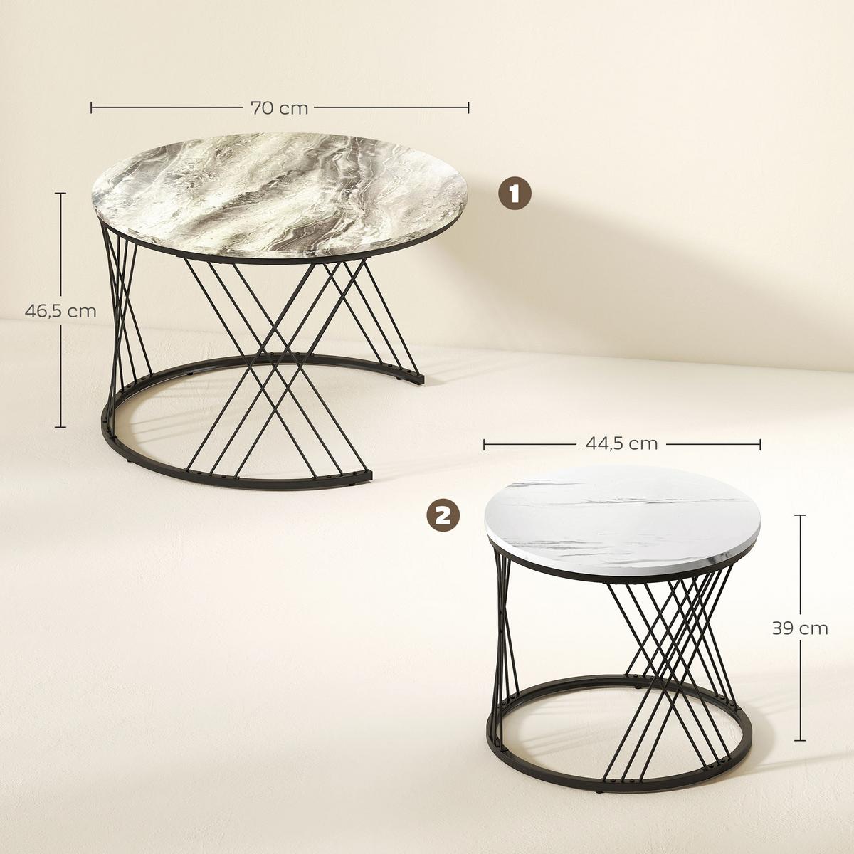 COUCHTISCH-SET 2er Set Spanplatte Metall Grau+Weiß+Schwarz - Multicolor/Schwarz, Holzwerkstoff/Metall (70/70/46.5cm) - HOMCOM