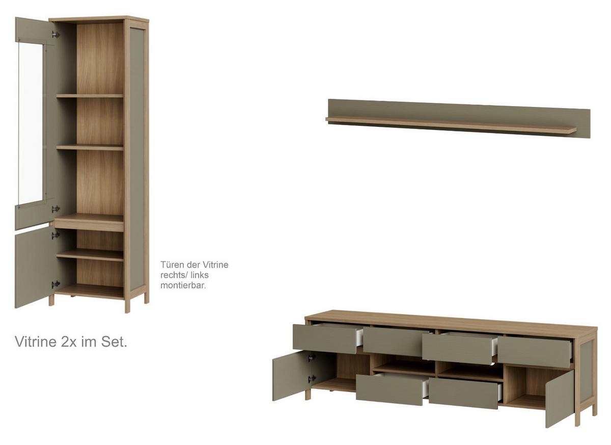 WOHNWAND Salbei grün, Eiche, Wohnkombination skandinavisch 4-teilig 339 cm, Soft-Close - Salbeigrün/Eichefarben, Glas/Holzwerkstoff (339/195/39cm) - Furn.Design