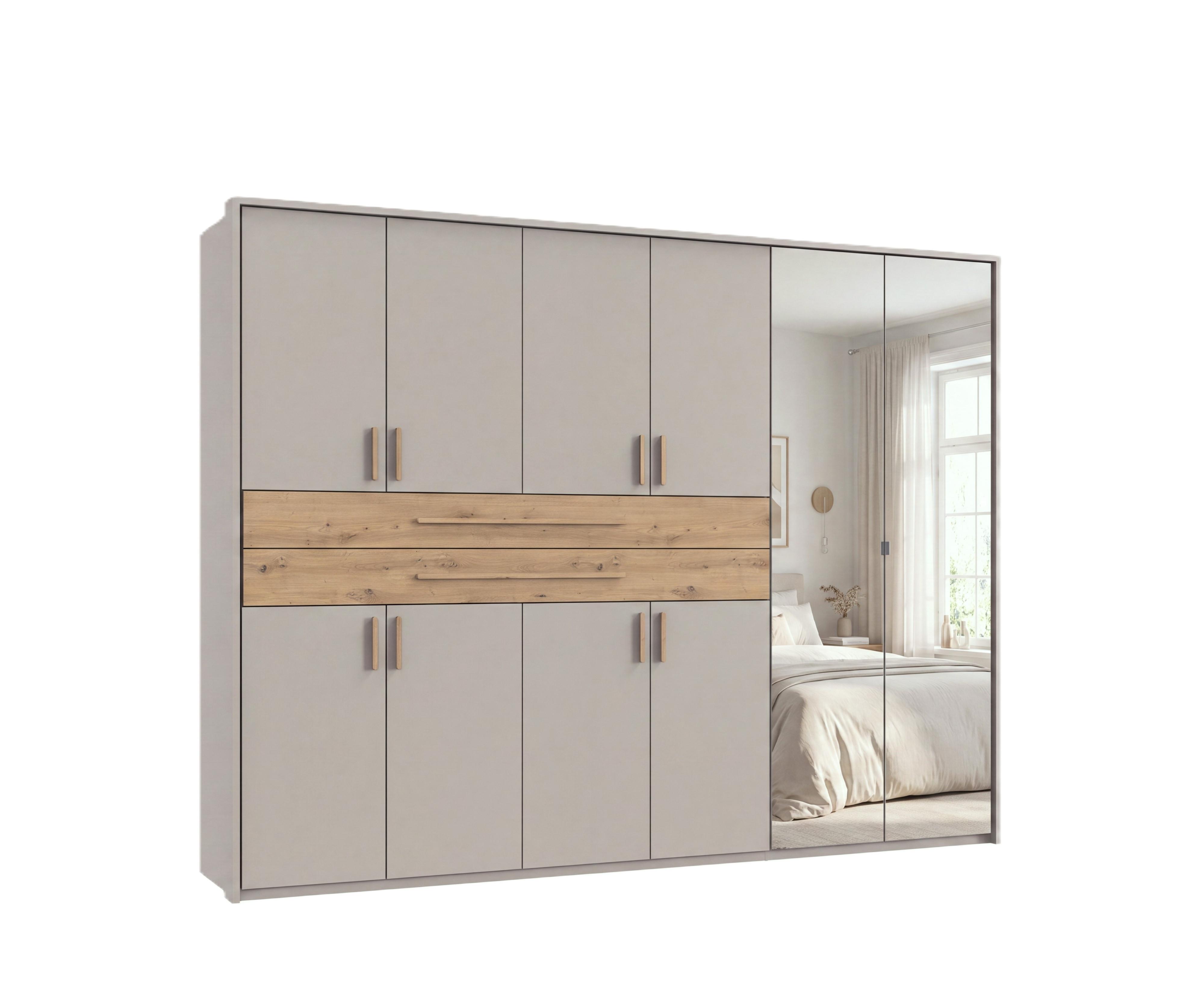 DREHTÜRENSCHRANK B273/H210/T58 cm Beige Grau, Kleiderschrank m. Passepartout, 2 Spiegel, 2 Schubkästen & Griffen in Eiche Artisan Dekor / 22651 - Greige/Eiche Artisan, Holzwerkstoff/Kunststoff (273/210/58cm) - luma-home