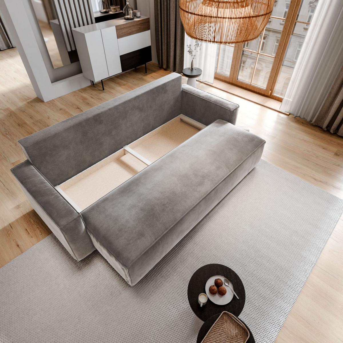 BETTSOFA ALATRI Hellgrau Velours-Stoff mit Schlaffunktion - Hellgrau, Textil (230/85/87cm) - MASSENO