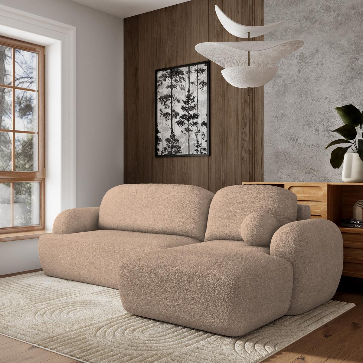 ECKSOFA MODENZA N R-S Beige Boucle-Stoff mit Schlaffunktion - Beige/Schwarz, Holz/Kunststoff (266/148cm) - MASSENO