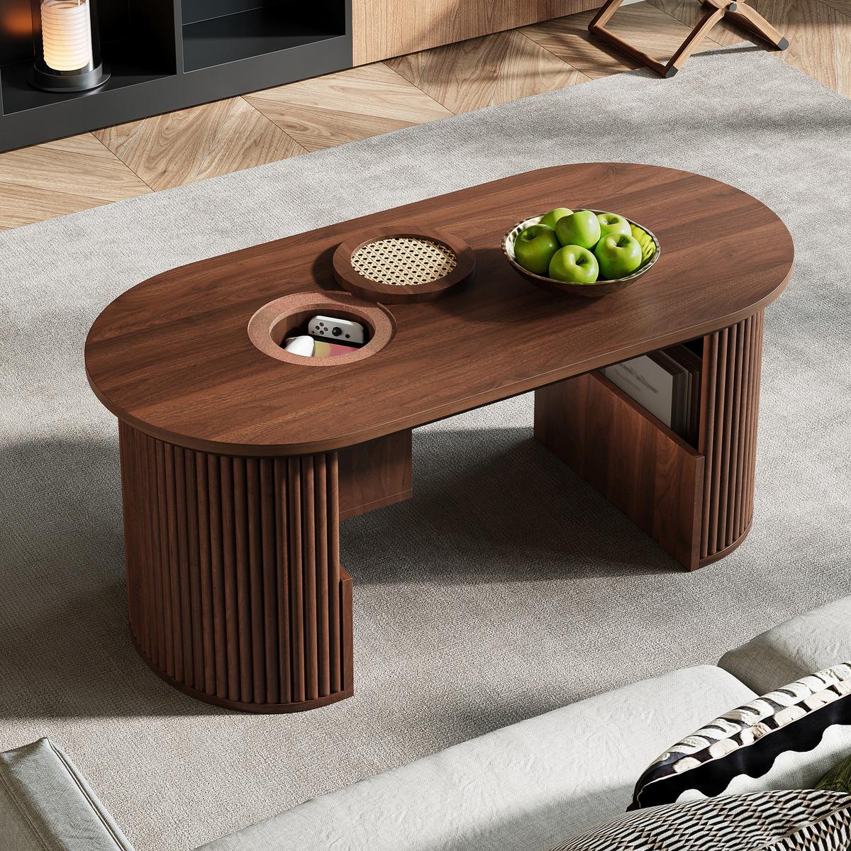 COUCHTISCH Oval Nussbaum Retro-Stil mit vertikaler Textur - Walnussfarben, Holzwerkstoff (50/105/46.5cm) - Urban Meuble