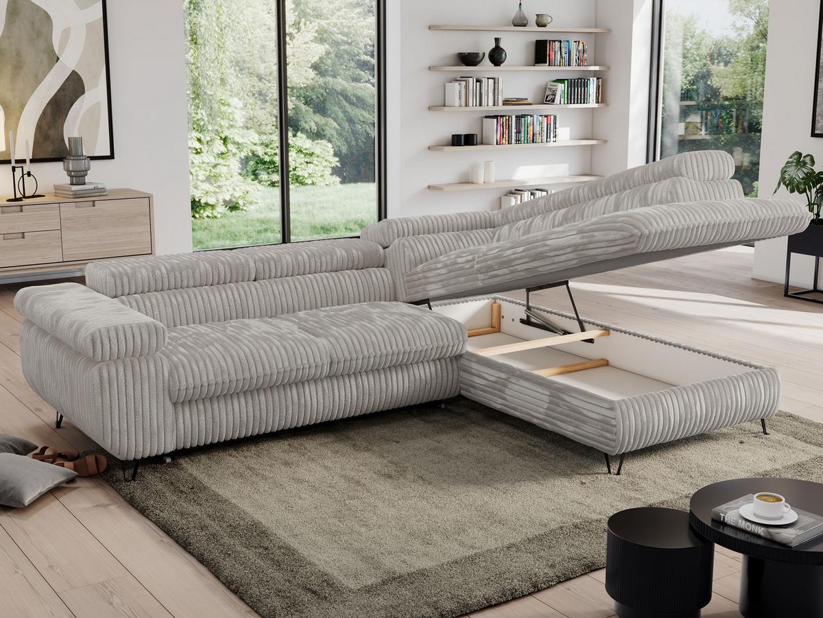 ECKSOFA PEDRO L Hellgrau Cord - Rechts Seite - Hellgrau/Schwarz, Textil/Metall (273/208cm) - MKS