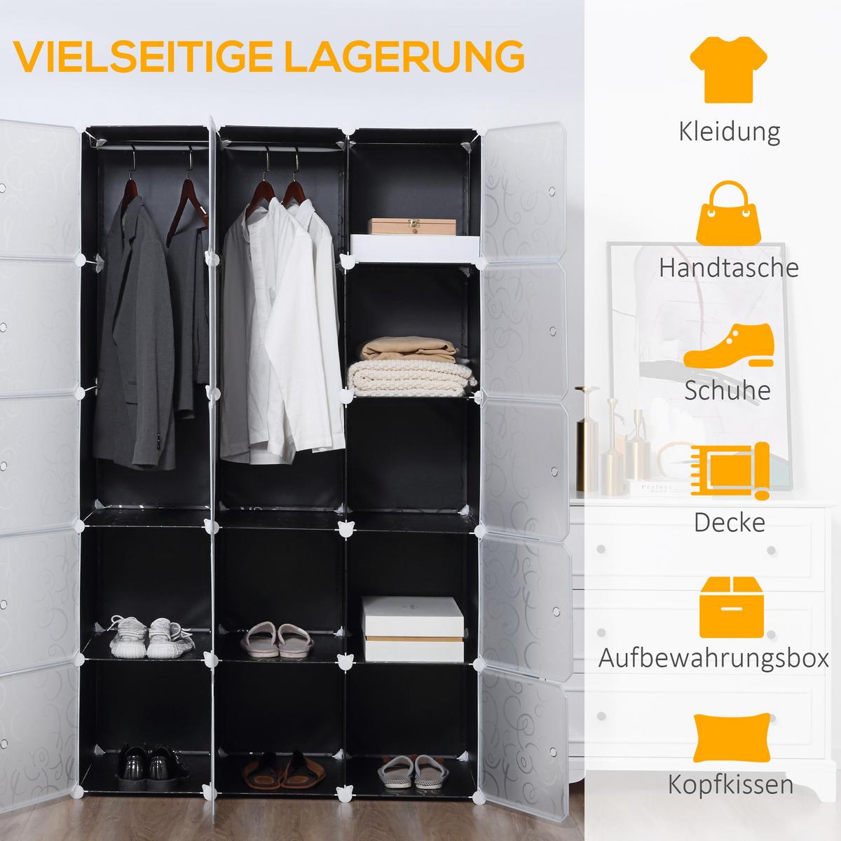 KLEIDERSCHRANK mit 2 große und 9 kleinen Würfeln, Schwarz, 111 x 47 x 183 cm - Schwarz, Metall (47/183/111cm) - HOMCOM
