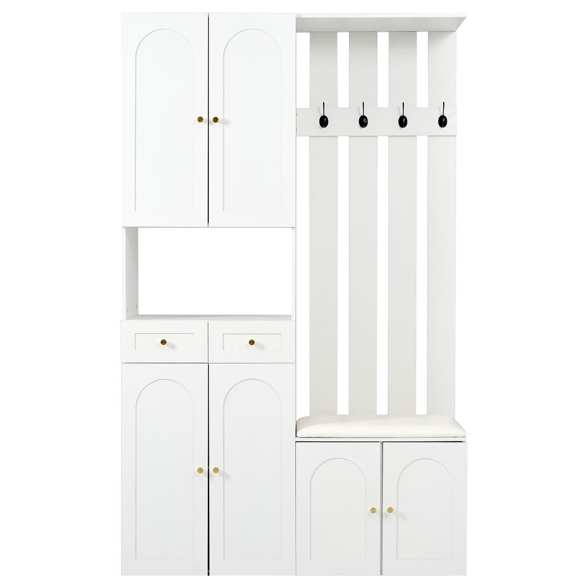 KLEIDERSCHRANK Wandgarderobe mit Schuhbank, 4 Haken, 6 Türen, 2 Schubladen, Weiß - Weiß, Holzwerkstoff (110/180/37cm) - Urban Meuble