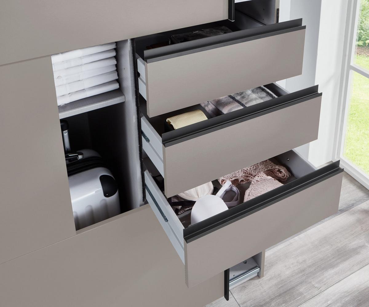 SCHWEBETÜRENSCHRANK 3-türig B270/H208/64 cm, Sandgrau, Mitteltür Glas, Kleiderschrank mit Schubladen & Vollausstattung, / 22614 - Sandfarben/Schwarz, Holzwerkstoff/Metall (270/208/64cm) - luma-home