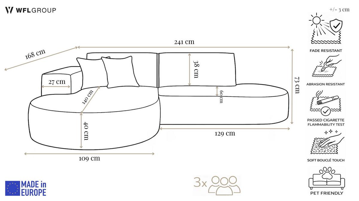 ECKSOFA Hana L-Form 3-Sitzer Ecke Links, Boucle, Dunkelbeige 241/73/168 cm - Hellbraun/Beige, Textil/Metall (241/168cm) - WFL GROUP