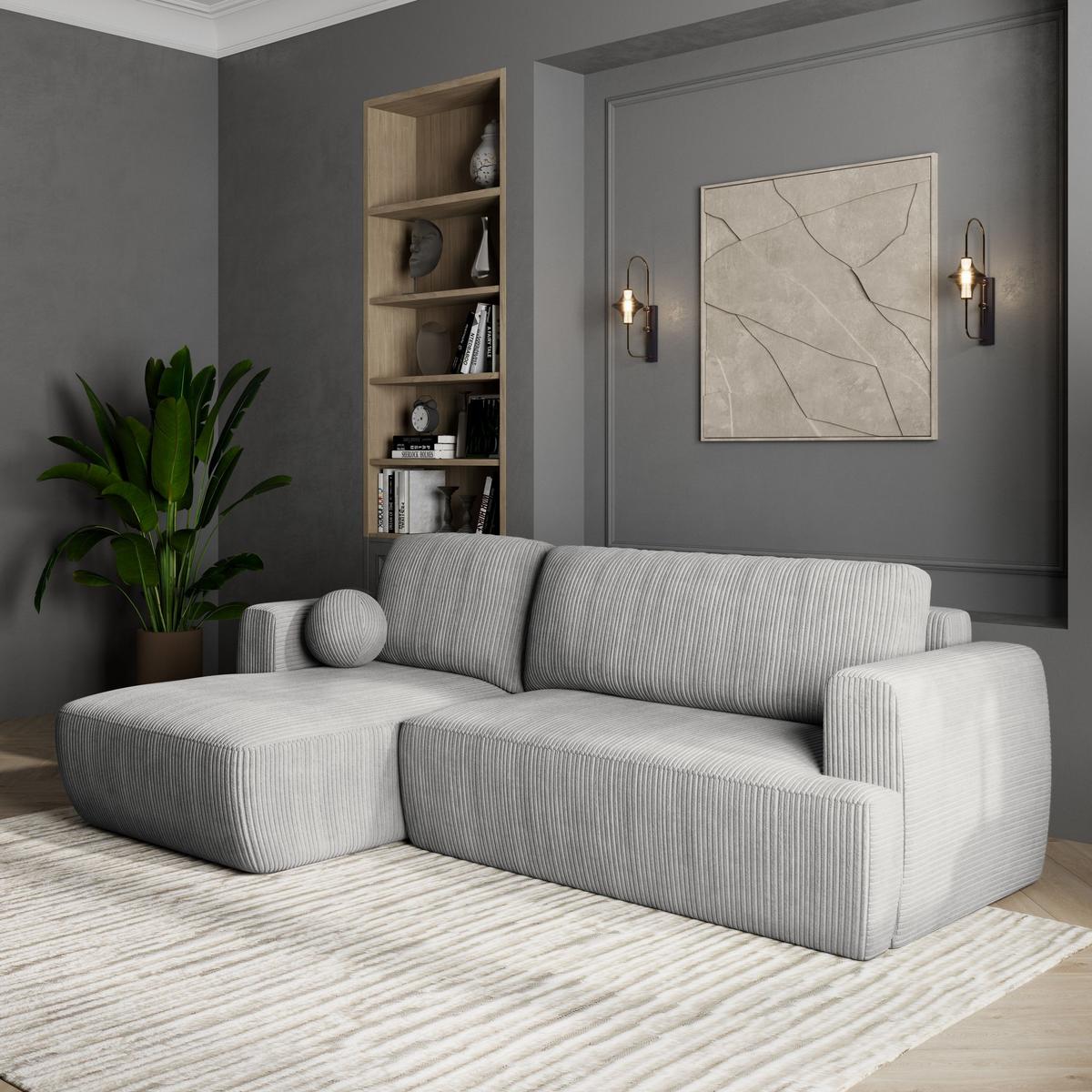 ECKSOFA SENTI P L-S Hellgrau Kordstoff mit Schlaffunktion - Hellgrau/Schwarz, Holz/Kunststoff (246/148cm) - MASSENO