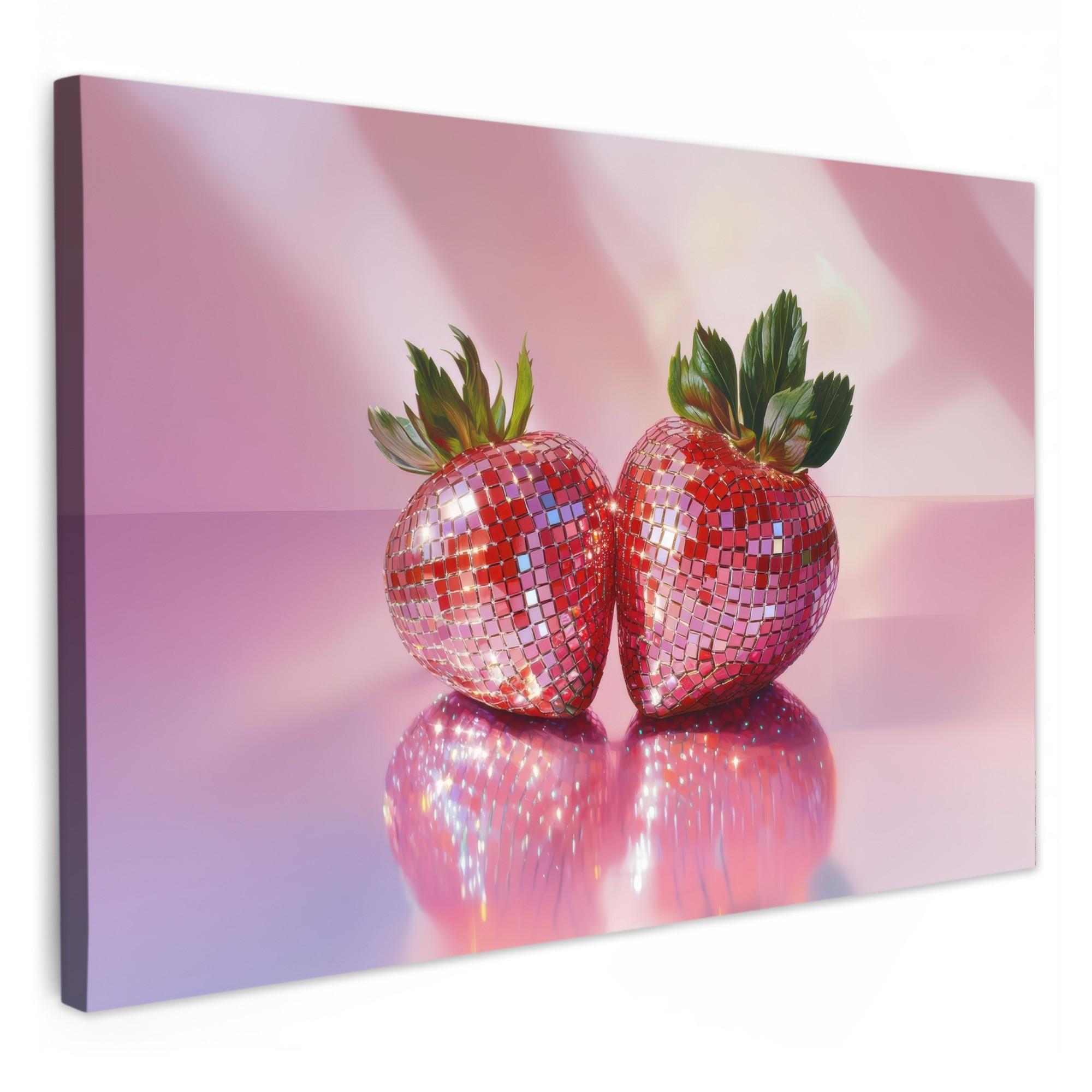 LEINWANDBILD Disco - Obst - Glitzer - Erdbeere Wohnzimmer Groß 120x80 cm - Pink, Textil (120/80cm) - MuchoWow