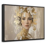 LEINWAND Bilder mit Rahmen - Gesicht - Frau - Blätter - Gold - 40x30 - Beige, Textil (40/30cm) - MuchoWow