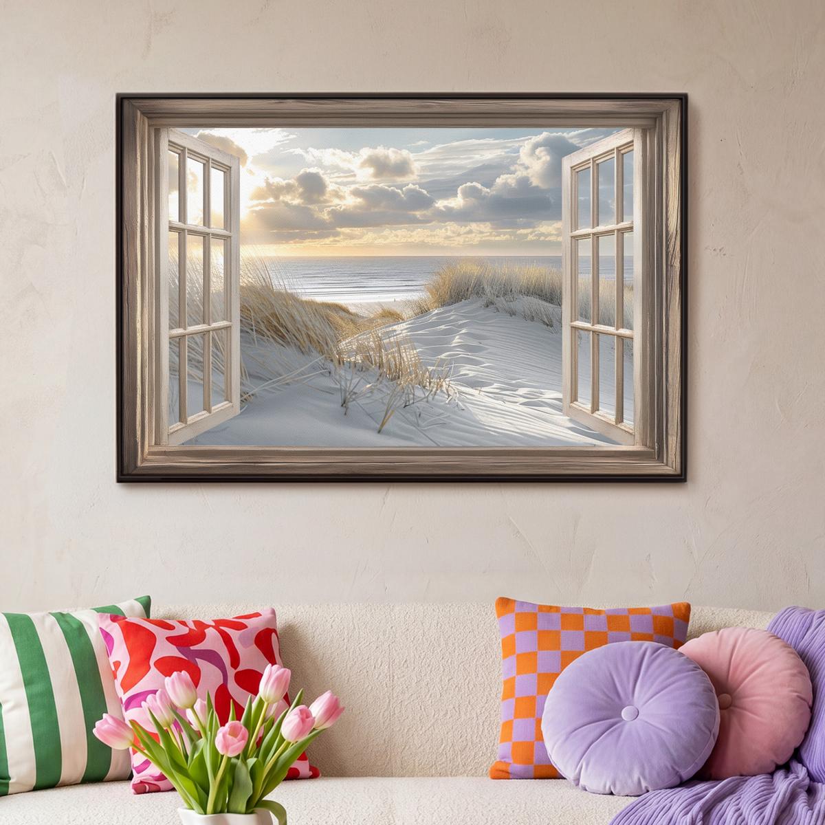 LEINWAND Bilder mit Rahmen - Ausblick - Strand - Dünen - Meer - Natur - 90x60 - Sandfarben, Textil (90/60cm) - MuchoWow