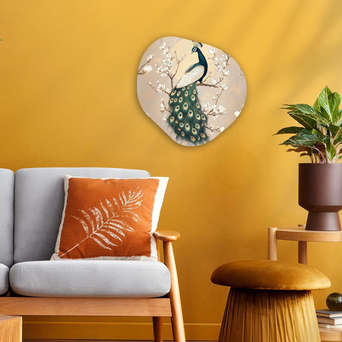 WANDBILD Pfau - Zweig - Blumen Wanddeko 40x40 cm - Champagner, Kunststoff (40/40cm) - MuchoWow
