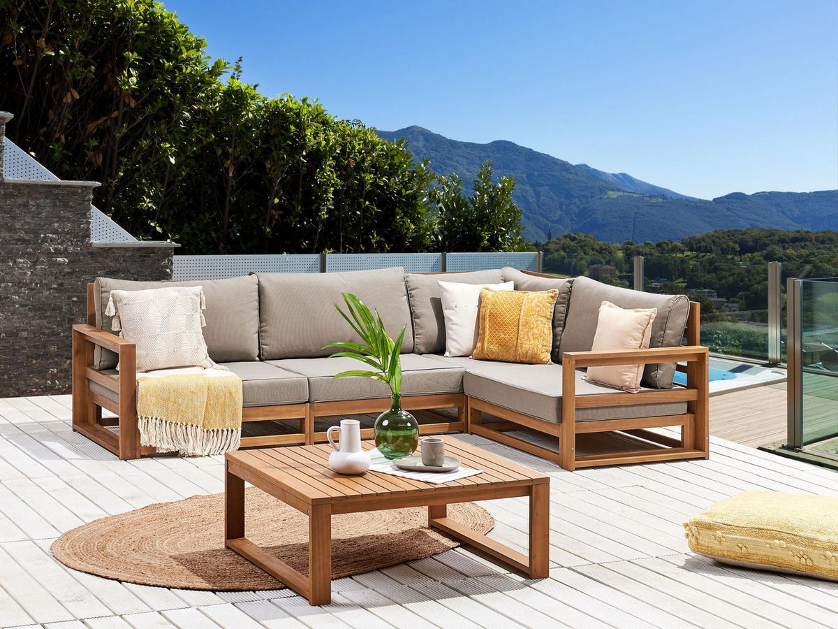 LOUNGE-SET 4-Sitzer zertifiziertes Holz hellbraun rechtsseitig modular Auflagen taupe Timor II - Hellbraun, Holz - Beliani