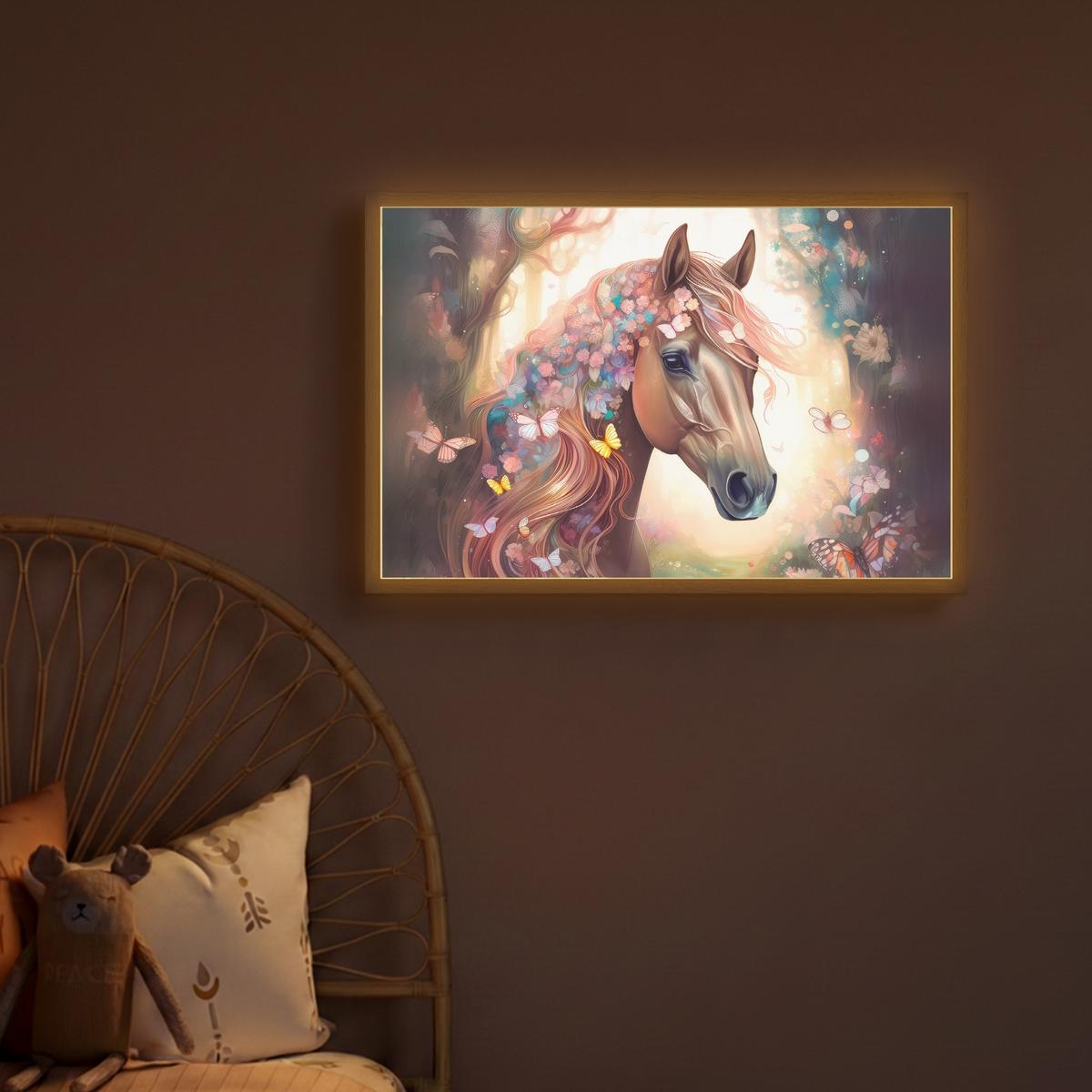 NACHTTISCHLAMPE MIT AKKU Pferd - Natur - Blumen - Schmetterlinge - Wald 60x40 cm - Dunkelbraun, Holzwerkstoff (8/60/40cm) - OnlyWow