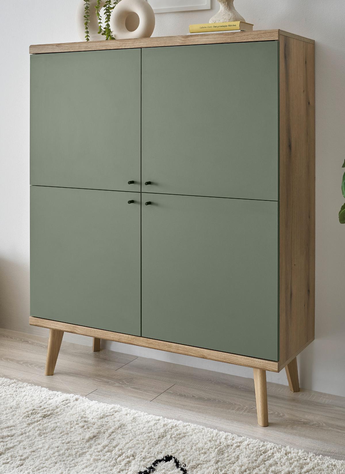 HIGHBOARD Salbei grün, Eiche Evoke, skandinavisch 107 cm, Kommode mit viel Stauraum - Salbeigrün/Eichefarben, Holz/Holzwerkstoff (107/134/40cm) - Furn.Design