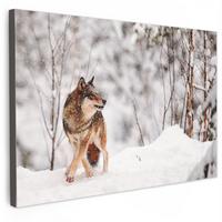 LEINWANDBILD Wolf - Winter - Schnee - Natur - Tiere Wanddeko 90x60 cm - Haselnussfarben, Textil (90/60cm) - MuchoWow