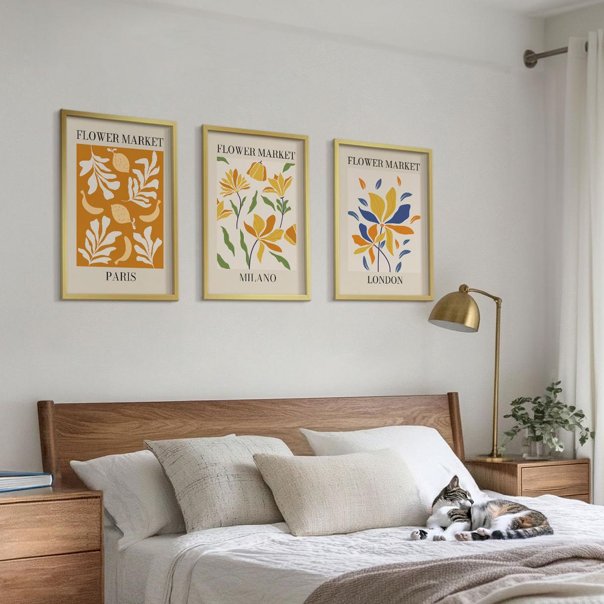 BILDER SET 3er Set - 40x60 cm Goldrahmen - Blumenposter Paris Mailand London - Goldfarben, Kunststoff (40/60cm) - TULUP