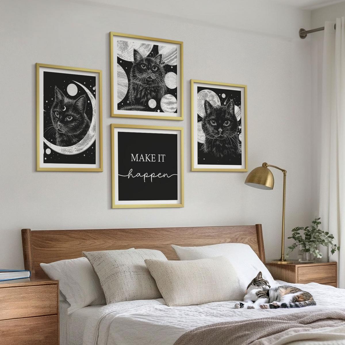 BILDER SET 4er Set - 50x50 cm & 40x60 cm Goldrahmen - Schwarze Katzen, Mond, Planet - Goldfarben, Kunststoff (50/50cm) - TULUP