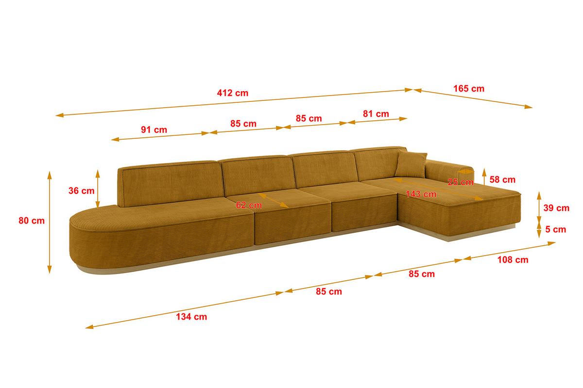 ECKSOFA Ottomane Rechts IREA-L3-v2 - 412x165x80 cm Senfgelb - Grün, Holzwerkstoff/Textil (412/165cm) - ALTDECOR