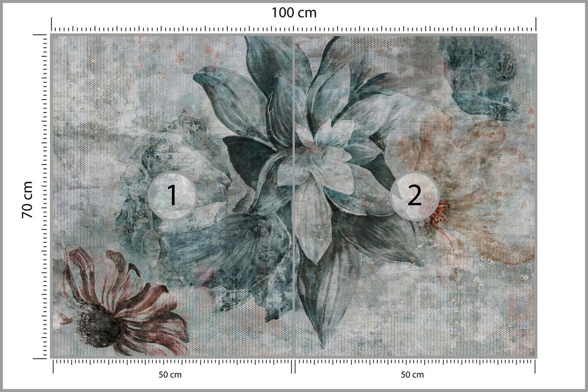 FOTOTAPETE für Schlafzimmer Aquarellblumen Beton Natur Pflanzen 100x70 - Grau, Papier (100/70cm) - Muralo