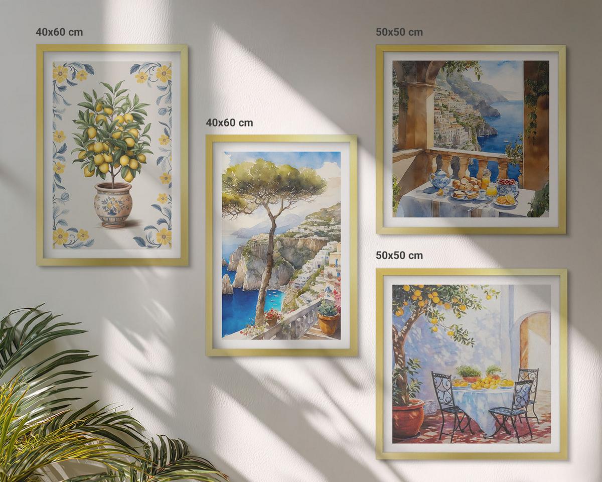 BILDER SET 4er Set - 50x50 cm & 40x60 cm Goldrahmen - Gemälde von Zitronenbäumen - Goldfarben, Kunststoff (50/50cm) - TULUP
