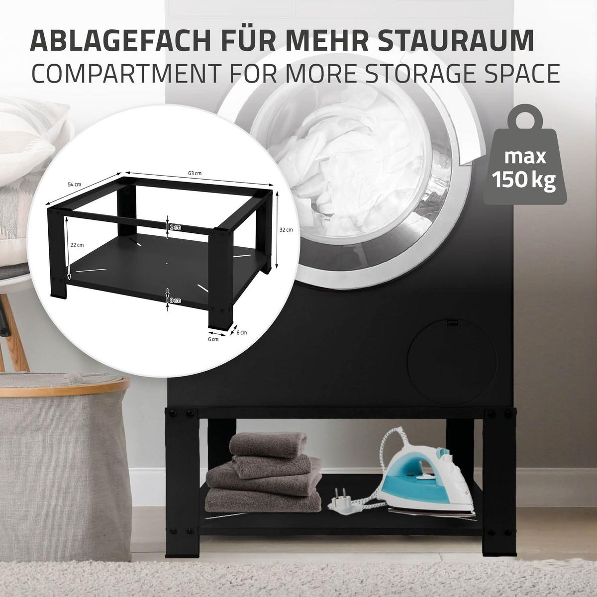 WASCHMASCHINEN UNTERGESTELL mit Ablage Podest Trockner Unterschrank 63x54 cm Schwarz aus Stahl - Schwarz, Metall (54/32/63cm) - ML-DESIGN