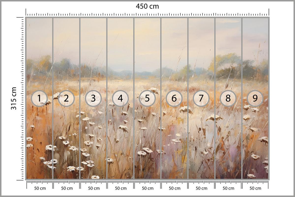 FOTOTAPETE für Esszimmer Wiese Pflanzen Retro Stil 450x315 - Gelb/Beige, Papier (450/315cm) - Muralo