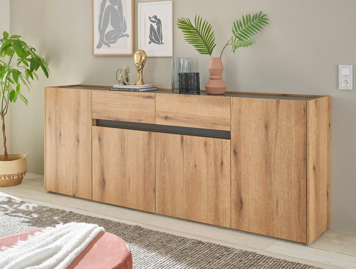 SIDEBOARD Evoke Eiche mit Grau, 4-türige Kommode 223 x 87 cm - Eichefarben/Silberfarben, Holzwerkstoff/Kunststoff (312/198/42cm) - Furn.Design