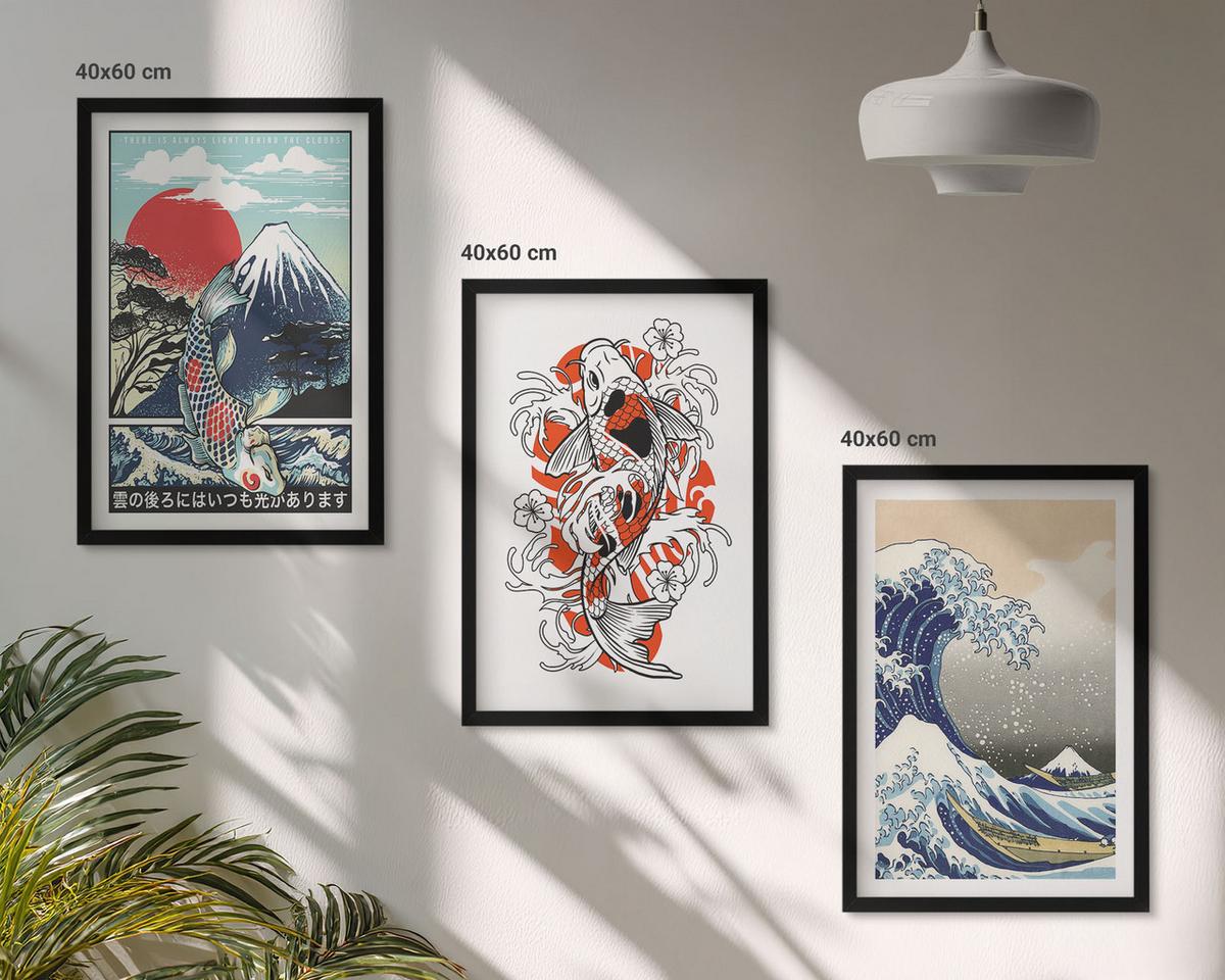 BILDER SET 3er Set - 40x60 cm Schwarzer Rahmen - Berge von Fischen Große Welle Japan - Schwarz, Kunststoff (40/60cm) - TULUP