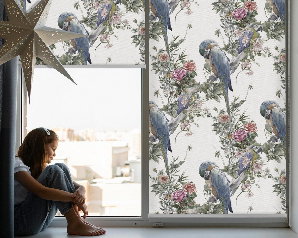 INNENROLLO - Fensterrollo - Rollo - 60x40 cm - Papageien auf Blumen - Blau, Kunststoff (60/140/0.5cm) - TULUP