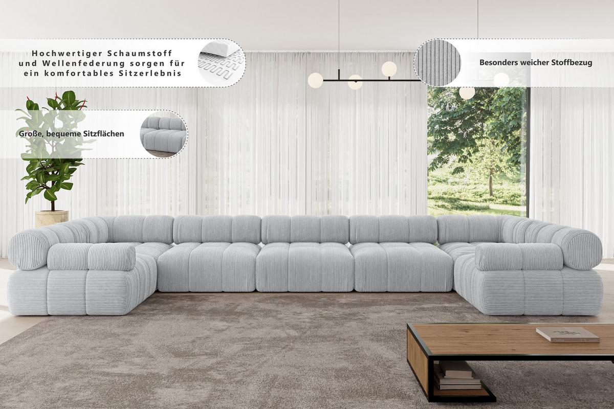 WOHNLANDSCHAFT modulares Sofa Birno-U3 - 475x190x70 cm Grau Bouclé - Grau, Holzwerkstoff/Textil (475/70/190cm) - ALTDECOR