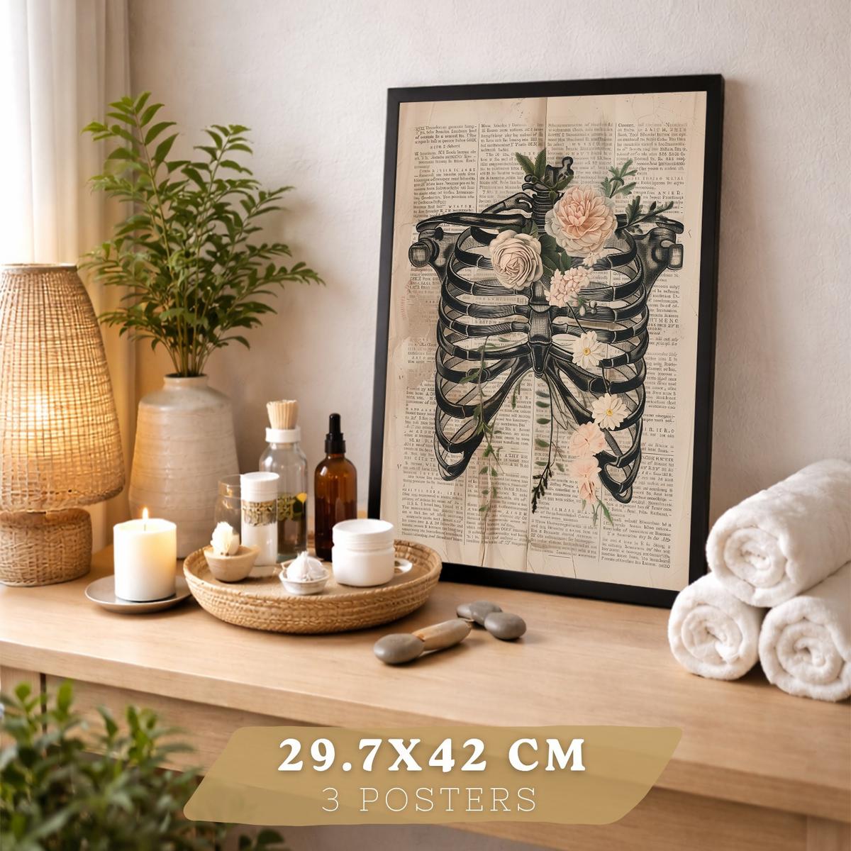 POSTER Set aus 3 Anatomie Mensch Drucke und Wandbilder mit Leber Rippen und Schädel Retro Floraler Stil Wanddekoration Größe Schwarzer Rahmen A3 - Schwarz, Papier (29.7/42/3cm) - Nacnic