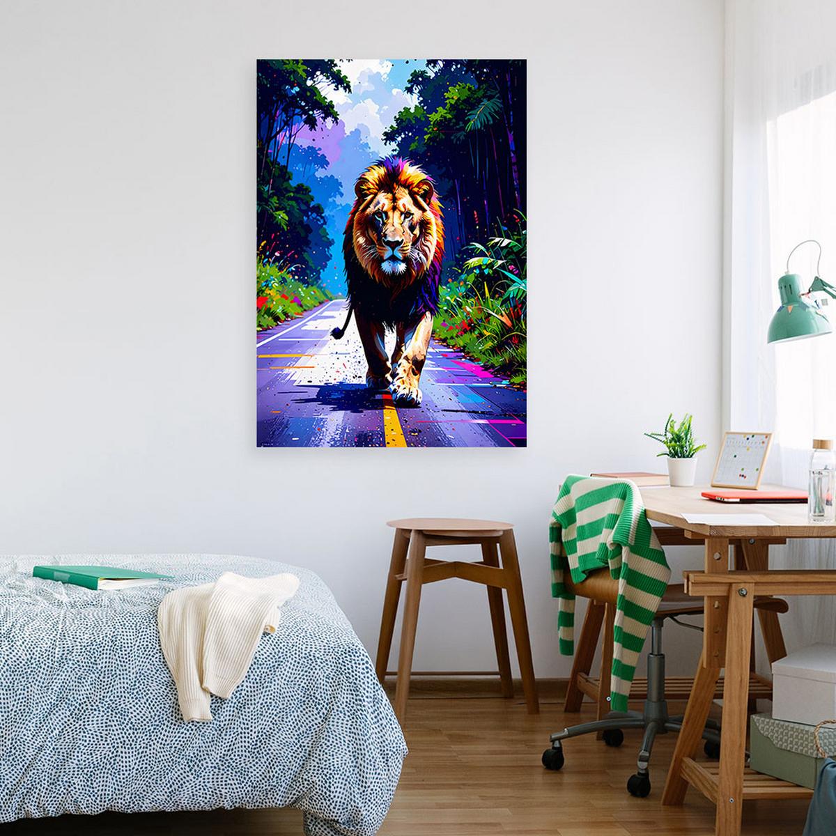 LEINWANDBILD Löwe auf der Straße Dschungel 80x120cm - Multicolor, Textil (80/120cm) - Feeby