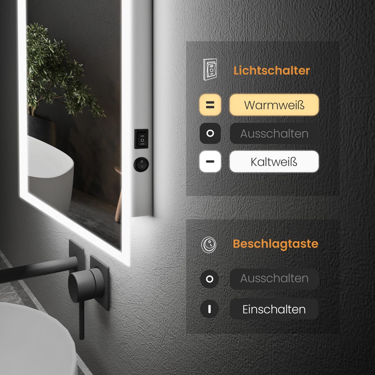 BADSPIEGEL mit Beleuchtung, mechanischem Schalter & Antibeschlag-Funktion, 100/60 cm - Transparent, Glas (100/60/3.5cm) - EMKE