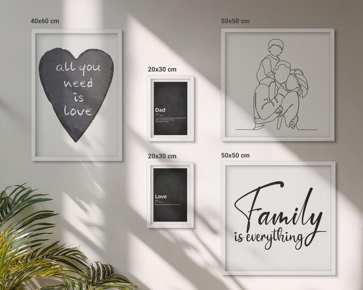BILDER SET 5er Set - 50x50 cm & 20x30 cm & 40x60 cm Weißer Rahmen - Definitionen der Liebe in Familienzeichnungen - Weiß, Kunststoff (40/60cm) - TULUP