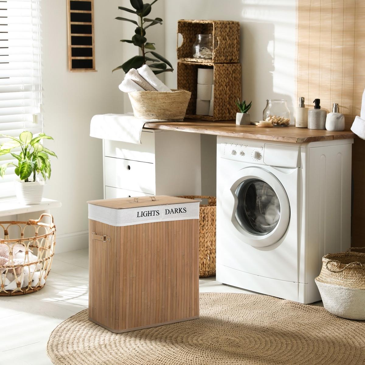 100L Wäschekorb Wäschebox Wäschesammler Wäschesortierer 2 x Fach Bambus - Naturfarben, Naturmaterialien (32/63/52cm) - HOMCOM