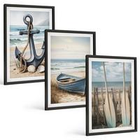 BILDER SET 3er Set - 40x60 cm Schwarzer Rahmen - Anker, Boot, Ruder, Strand - Schwarz, Kunststoff (40/60cm) - TULUP