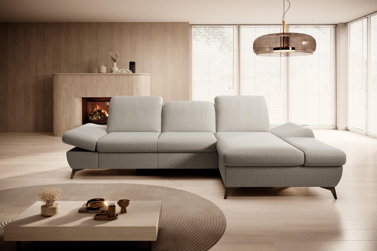 ECKSOFA FELICE R-S Beige Geflochtener Stoff mit Schlaffunktion - Beige, Holz (284/166cm) - MASSENO