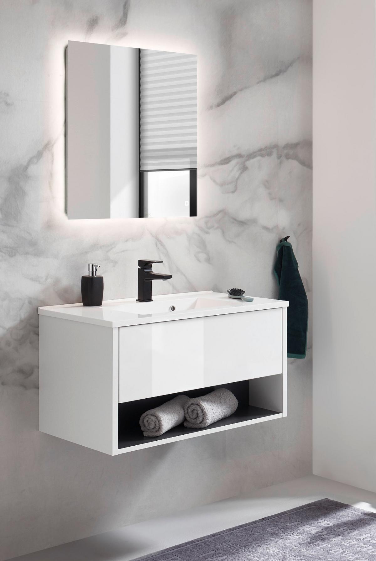 BADMÖBEL-SET weiß Hochglanz, grau, Badezimmerschränke mit Waschbecken und LED Beleuchtung 80 cm - Weiß Hochglanz/Grau, Glas/Holzwerkstoff (80/190/47cm) - Furn.Design