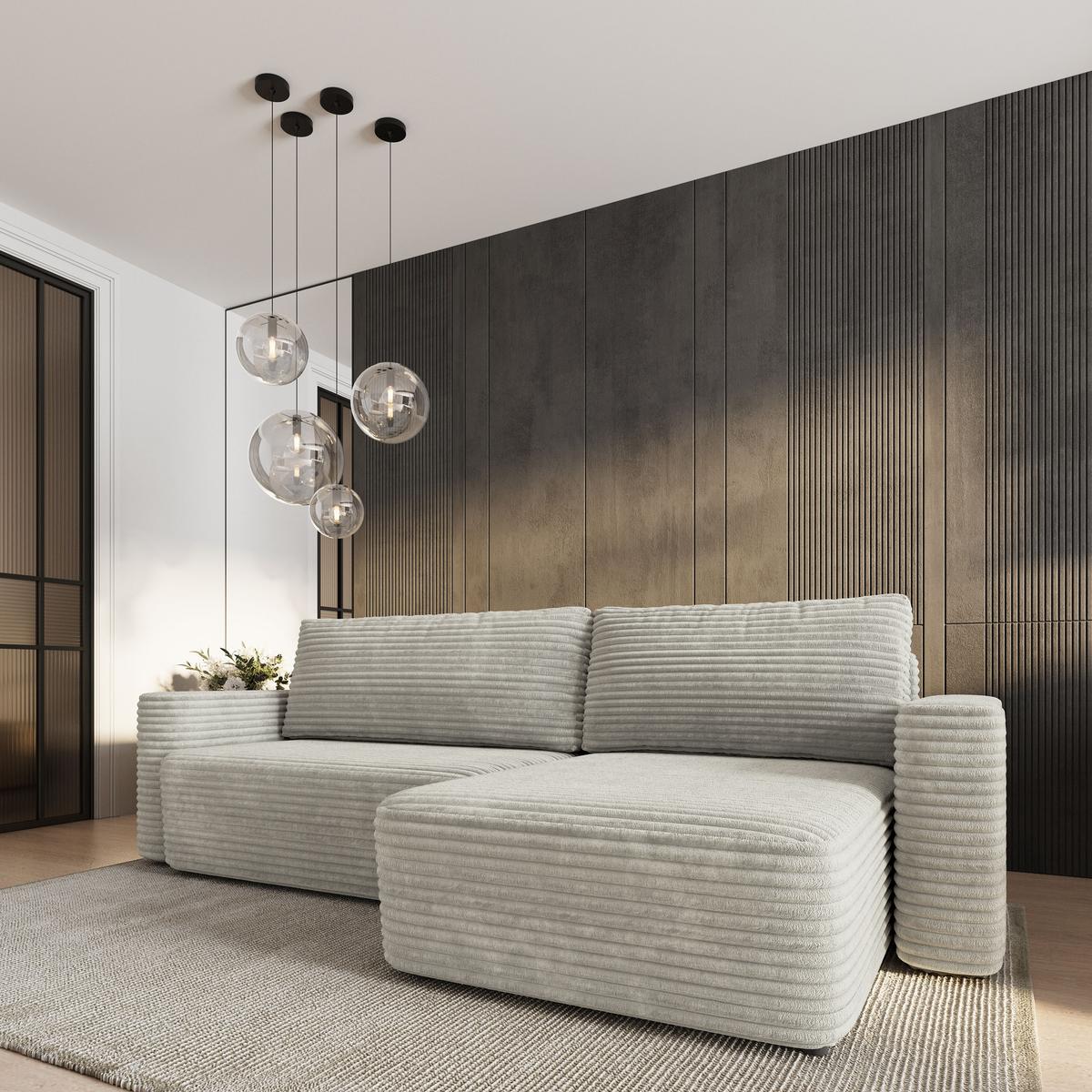 ECKSOFA TELIN Hellgrau Kordstoff mit Schlaffunktion - Hellgrau, Holz (280/162cm) - MASSENO