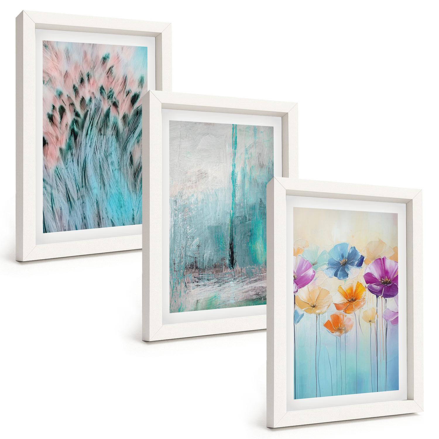 BILDER SET 3er Set - 20x30 cm Weißer Rahmen - Hintergrundmuster mit Pastellblumen - Weiß, Kunststoff (20/30cm) - TULUP