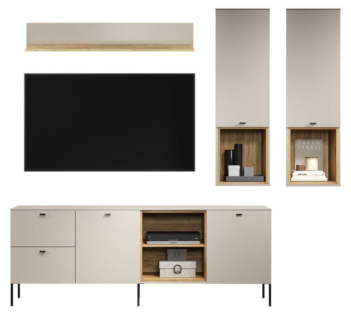 WOHNWAND Kaschmir, Eiche 4-teilig 250 cm, Schrankwand mit Soft-Close - Sandfarben/Kaschmir, Holzwerkstoff/Metall (140/20/22cm) - Top.Furn